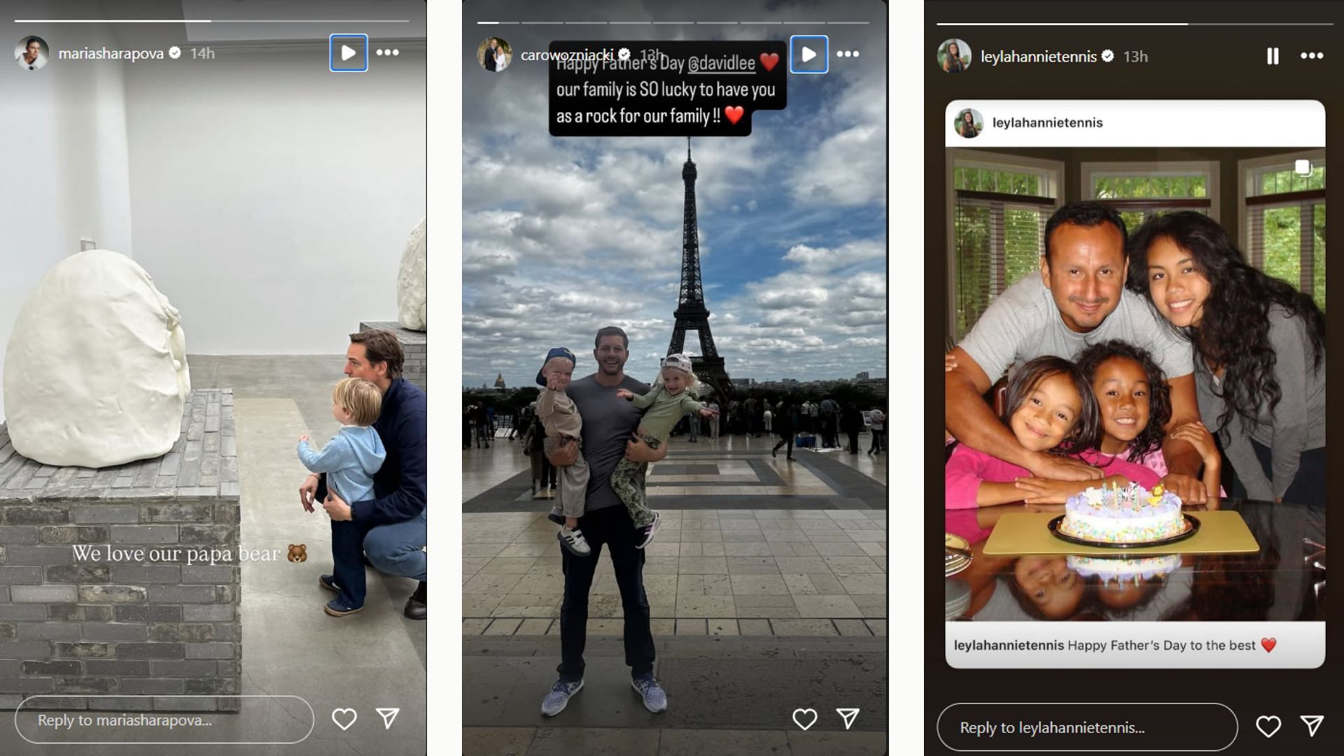 Maria Sharapova, Caroline Wozniacki, and Leylah Fernandez's Instagram Stories | Instagram @mariasharapova, @carowozniacki, @leylahannietennis